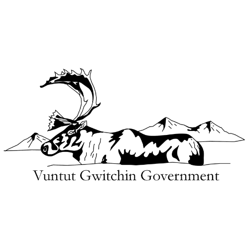 Vuntut Gwichin Government logo, showing a caribou standing in water with mountains in the background.